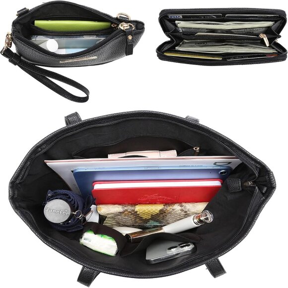 Vegan Leather Tote Bag Set 3PCS Spacious Durable Stylish for Work Travel - Picture 4 of 7